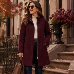 LOFT Burgundy Boucle Long Coat Gold Hardware Funnel Neck Fall Jacket SZ L